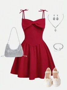 SHEIN Vestido rojo de niña elegante con tirantes tipo espagueti y tejido - Rojo - Ver 1