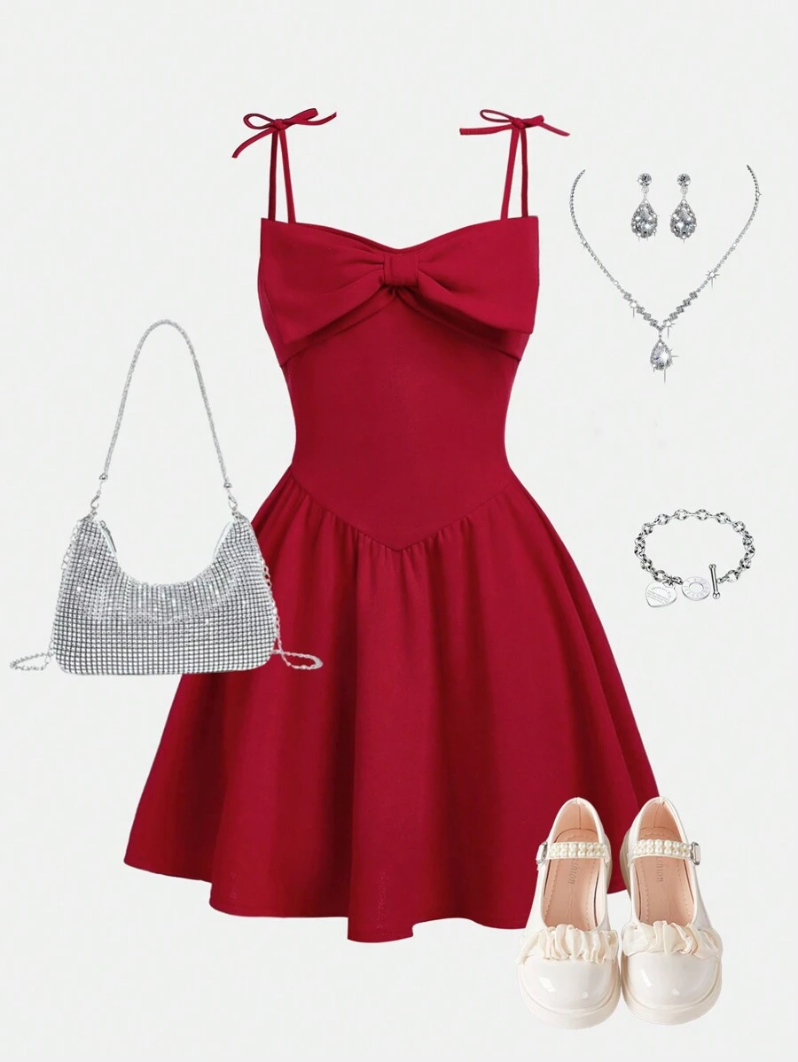 SHEIN Vestido rojo de niña elegante con tirantes tipo espagueti y tejido - Rojo - Ver 1