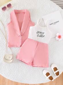 SHEIN 年轻女孩优雅简约翻领无袖纯色外套和无袖字母印花短款连体衣两件套，夏季