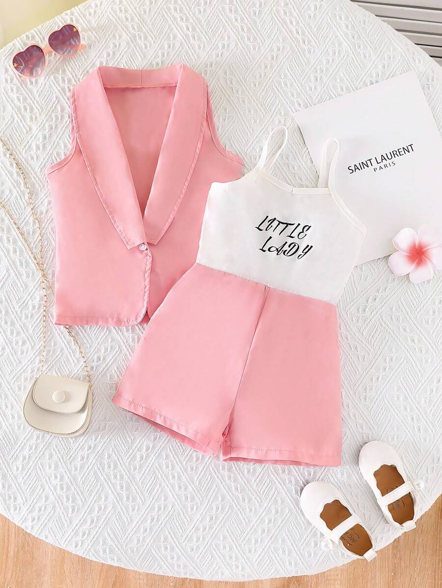 SHEIN 年轻女孩优雅简约翻领无袖纯色外套和无袖字母印花短款连体衣两件套，夏季