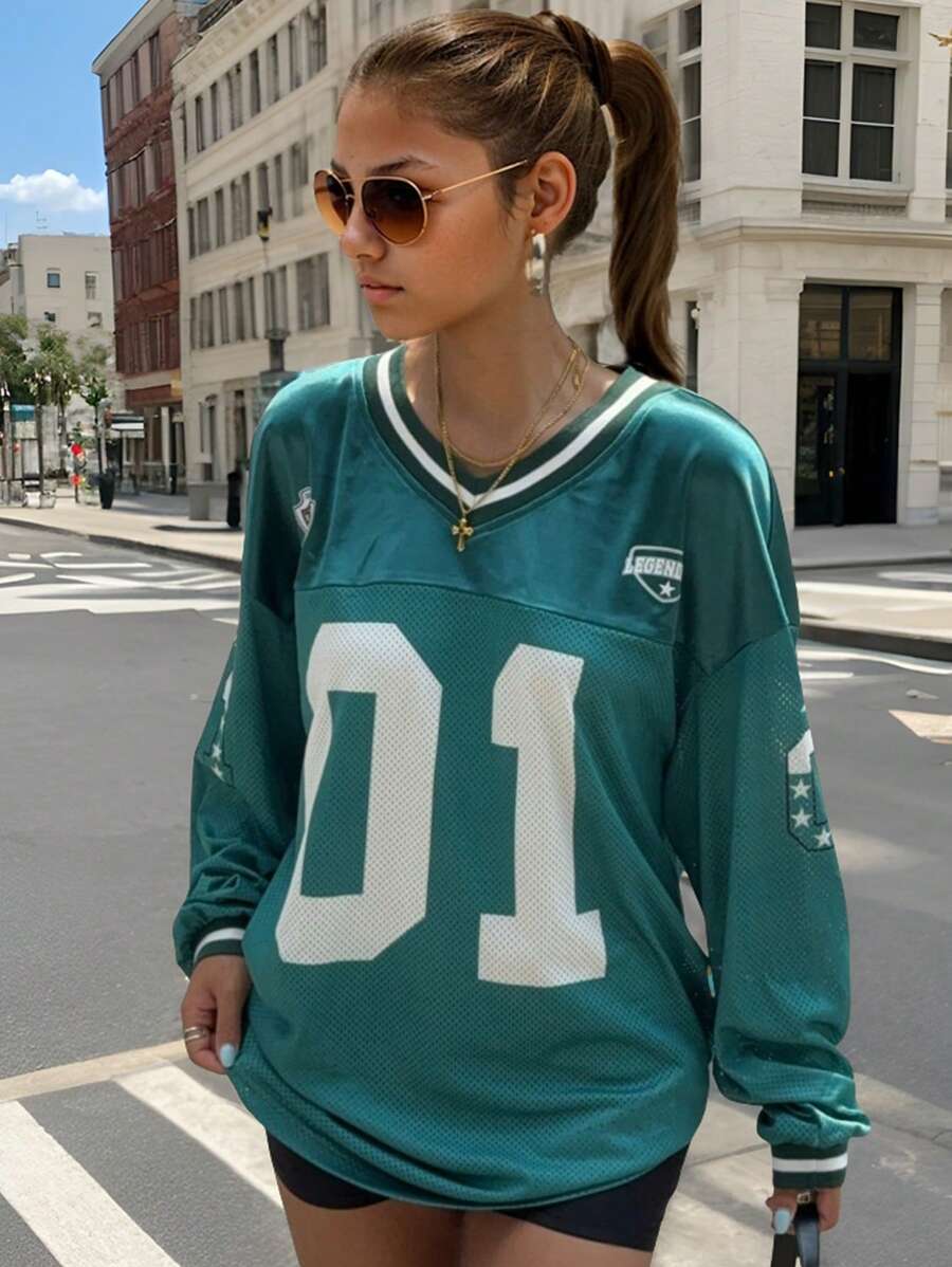 SHEIN 青少年女孩数字和字母印花足球球衣 T 恤，返校休闲装 - 綠色 - 查看 1