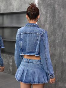 SHEIN Teen Girl Y2K Fashion Heart Rhinestone Pocket Raw Hem Crop Denim Jacket, Y2K Fashion - Medium Wash - View 2