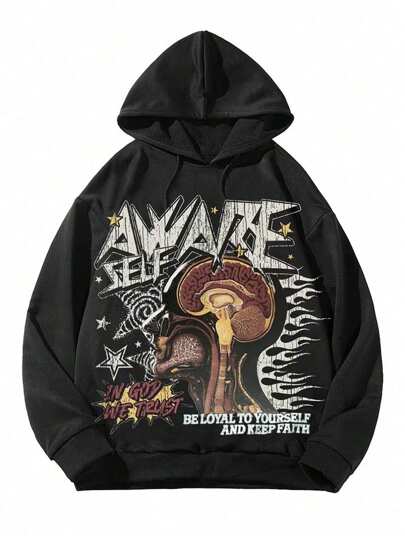 Street Life Men's Casual Slogan Print Hoodie Sweatshirt, Street Style, Autumn/Winter