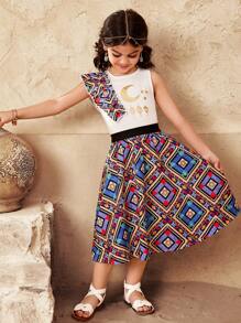 SHEIN 2pcs Setelan Baju Anak Perempuan Serasi Motif Cetak Panas, Lengan Berkerut Berlebihan, dan Rok Motif Retro untuk Musim Semi dan Musim Panas - MultiWarna - View 5