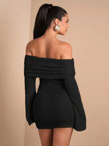 SHEIN BAE Elegant Open Shoulder Long Sleeve Knitted Dress, Suitable For Daily Dates, Outings, Night Clubs, Parties, Special Occasions, Autumn