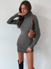 Aloruh New Style High Neck Comfortable Undershirt Versatile Coffee-Color Knitted Mini Bodycon Dress