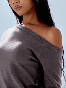 MUSERA Asymmetrical Neck Knit Contrast Wrist Top Spring Y2K 90's Casual Cute Fall Autumn Winter Thanksgiving Casual  New Year Party - Coffee Brown - View 5