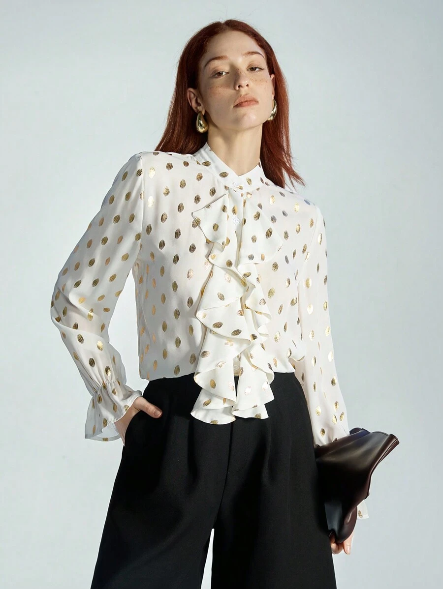 SHEIN Privé Elegant White Polka Dot Chiffon Blouse,Office Ruffled Collar Foil Print Sheer Top,High-End Fashion Autumn Cloth For Women,Spring Valentine's Day - White - View 1