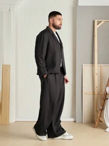 Manfinity VCAY Herren Große Größen Schwarz Locker gewebter Blazer Langarm und Hose Set