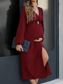 SHEIN Maternity Solid Color Overlap V-Neck Lantern Sleeve Split Hem Elegant Dress