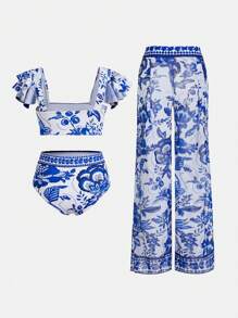 Swim Oasis 3pcs Women's Vacation Beach Floral Print Bikini Set Summer