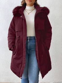 SHEIN LUNE Jaket Puffer Kasual Berkerudung dengan Saku, Warna Polos, Ukuran Besar, Lengan Panjang, Resleting Depan, Pakaian Musim Dingin - Burgundy - View 6