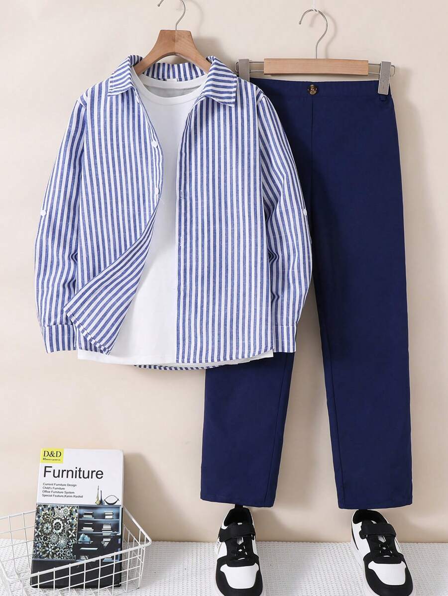 SHEIN Leap Crew Bộ 2 áo len cardigan cổ sọc rộng tay dài cho bé trai tuổi mới lớn và quần dài dệt trơn màu - Nhiều màu - Xem 1