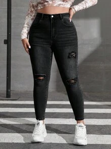 SHEIN ICON 大码休闲简约风格牛仔裤，日常穿着 - 黑色 - 查看 1