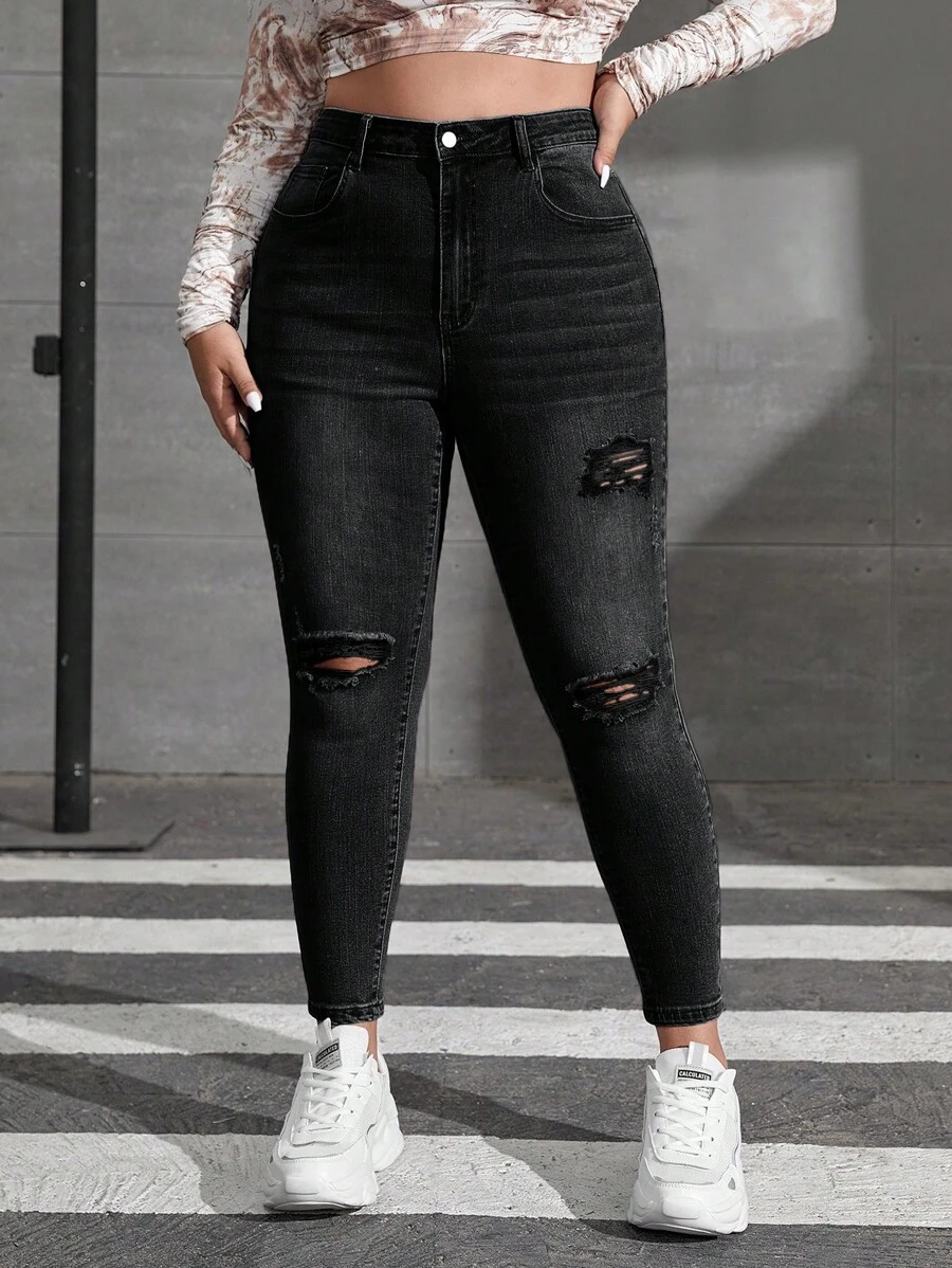 SHEIN ICON 大码休闲简约风格牛仔裤,日常穿着 - 黑色 - 查看 1