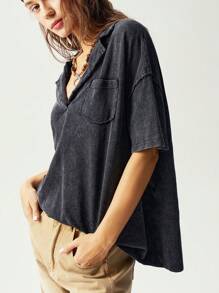 Bohemela 大码女式纯色落肩短袖口袋休闲宽松T恤 - 黑色 - 查看 8