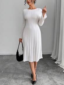 INAWLY Damen langärmeliges figurbetontes langes Kleid Einfarbig, Lässig für den täglichen Gebrauch - Weiss - Übersicht 3