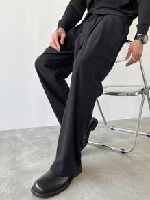 Manfinity Mode 男士纯色前系带口袋休闲裤，简约日常穿着，灯芯绒 - 黑色 - 查看 6