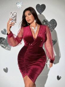 Viva Relle Plus Size Women V-Neck Velvet Mesh Panel Long Sleeve Dress,Valentine - Burgundy - View 1