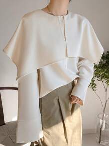 FRIFUL Blusa casual de manga larga de un solo color con botones delanteros para mujer, para uso diario - Blanco - Ver 3