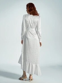 SHEIN Privé V-Neck Satin Unique Leopard Print Asymmetrical Hem Ruffle Trim Spring Dress For Women