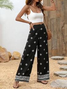 Breezaya Quần ống rộng cạp cao phong cách Bohemian thường ngày cho nữ - màu đen - Xem 5