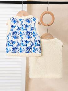 1pc Girls Sleeveless Casual Printed Jacket, Autumn/Winter - Blue - View 2