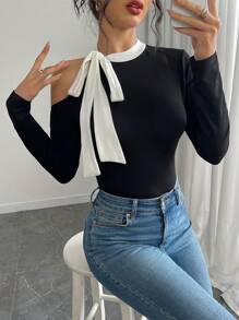 Chiquease Women Autumn/Winter Color Block Lace-Up Long Sleeve Base Layer T-Shirt Fall Cloth For Women - Black - View 3