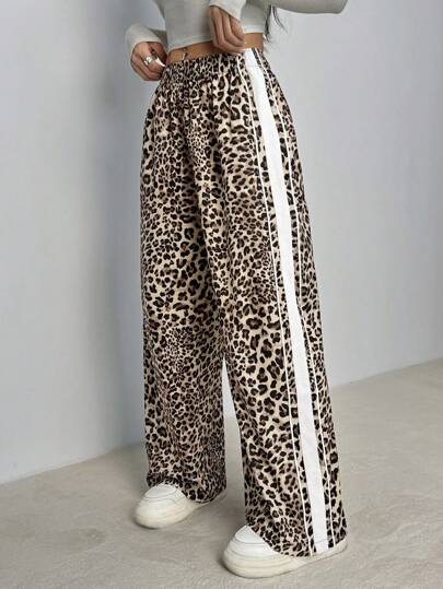 SHEIN PETITE Women's Spring And Summer Casual Sports Hip Hop Striped Texture Decoration Leopard Print Sweatpants Back To School Uniform