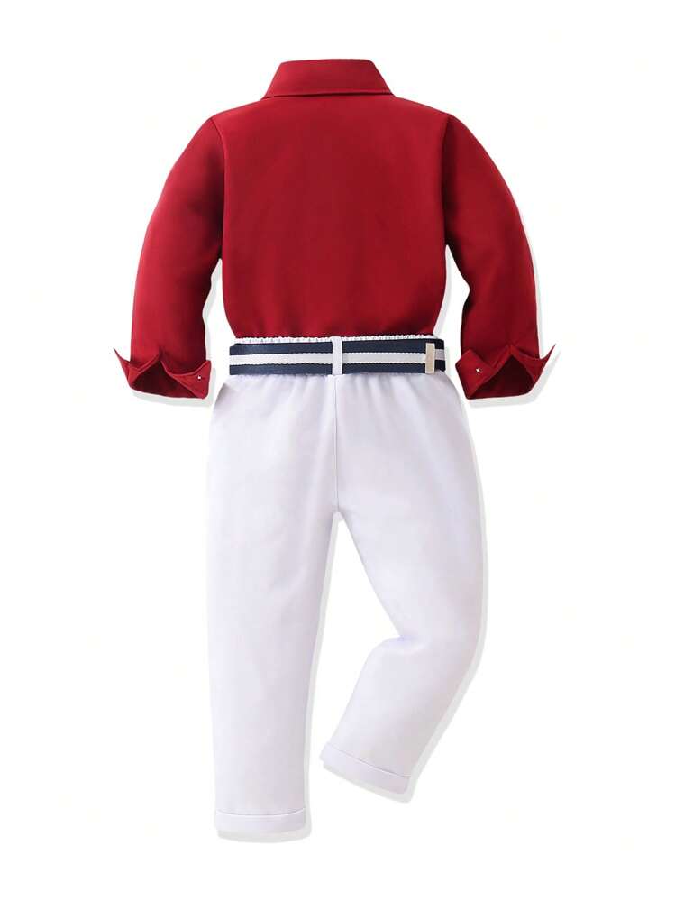 SHEIN 2 件套纯色上衣和裤子，适合年轻男孩的简约时尚休闲日常服装 - 酒紅色 - 查看 2