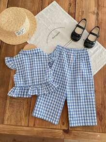 SHEIN LMoss Kids Baby Girl LMoss Cute Plaid Cap Sleeve Top And Pants Set, Summer