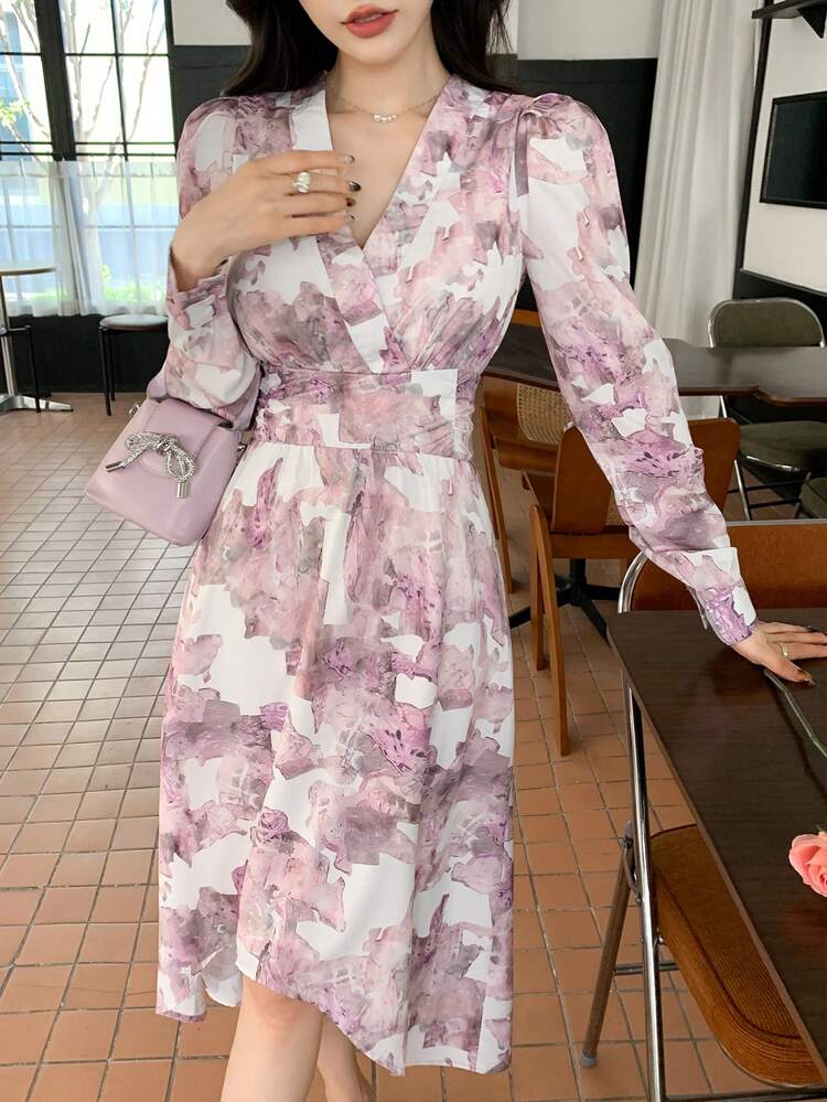 V-Neck Floral Print Midi Dress With Puff Sleeves For Women,Fall Dress Long Sleeve Dress Boho