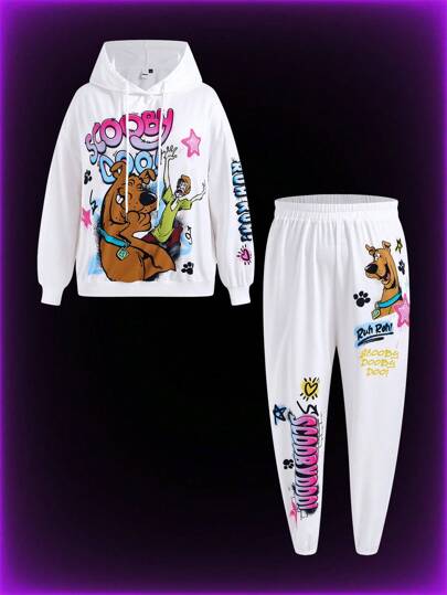 SCOOBY-DOO X SHEIN Plus Size Y2K Inspired Casual Set: Size Star & Great Dane Print Drawstring Hooded Sweatshirt And Jogger Pants, Long Sleeve, Streetwear Style
