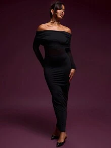 MUSERA Vestido largo elegante de gasa con escote Bardot, inserciones de malla y drapeado, ideal para primavera, verano, vacaciones y fiestas - Negro - Ver 1