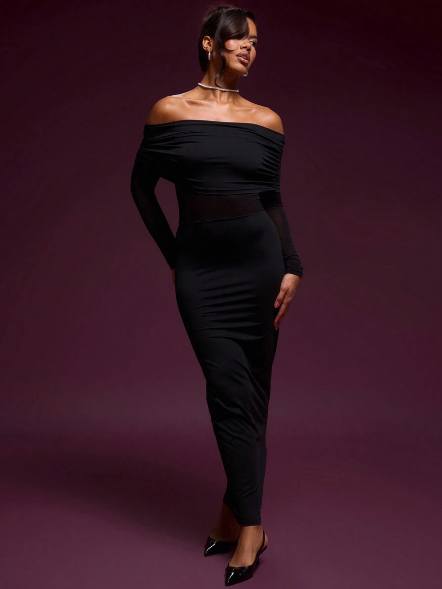 MUSERA Vestido largo elegante de gasa con escote Bardot, inserciones de malla y drapeado, ideal para primavera, verano, vacaciones y fiestas - Negro - Ver 1