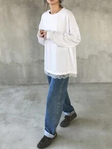 FRIFUL Women's Loose Fit Lace Trim Wide Sleeve T-Shirt, Layerable Spring Clothing