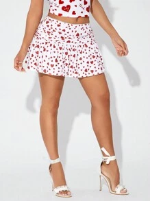 SHEIN SXY 女士心形印花褶皱迷你裙，时尚，心形，波尔卡圆点，情人节 - 白色 - 查看 6