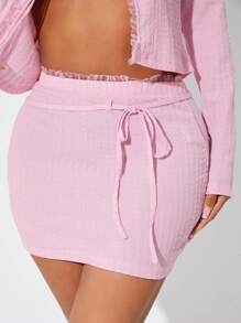 SHEIN SXY 女式前系带长袖休闲上衣和裙子 2 件套，2 件套服装，女士配套套装，女士套装，两件套裙子套装 - 粉色 - 查看 7