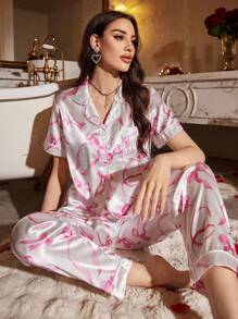 LuxeNights 2pcs Bow Print Faux Silk Notch Collar Short Sleeve Pajama Set Bowknot - White - View 4