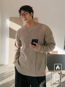 Manfinity CasualKnits Men's Solid Color Crew Neck Long Sleeve Hollow Casual Sweater - Apricot - View 5