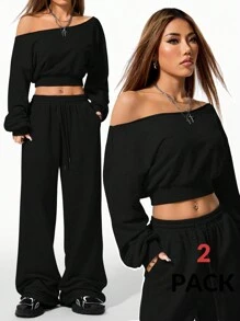 Coolane Women's Sport Sweatshirt And Sweatpants Going Out,2p - Black - View 6