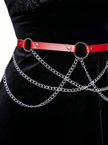 ROMWE Goth 1 pièce Ceinture réglable de style punk à 4 chaînes rouge pour femmes, accessoire de robe de décoration de Noël, polyvalent pour un port quotidien