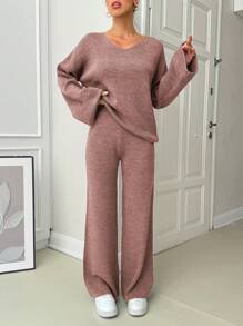 EURMUSE Women V-Neck Flare Sleeve Detailed Sweater And Pant Set - Dusty Pink - View 3