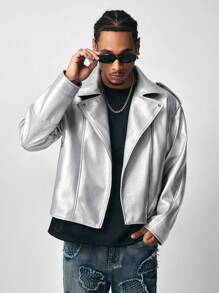 ROMWE MEN Street Life Men's Silver Fabric Casual Simple Leather Jacket With Front Buttons, Suitable For Autumn/Winter - Silver - View 4