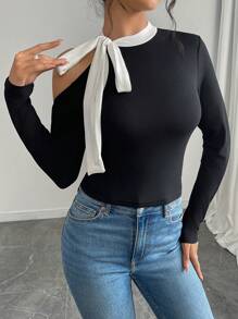 Chiquease Women Autumn/Winter Color Block Lace-Up Long Sleeve Base Layer T-Shirt Fall Cloth For Women - Black - View 4