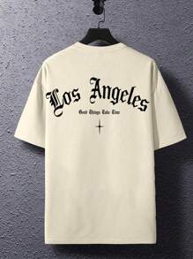 Manfinity EMRG Camiseta casual de hombre de cuello redondo de manga corta con estampado de letras, estilo holgado - Albaricoque - Ver 4