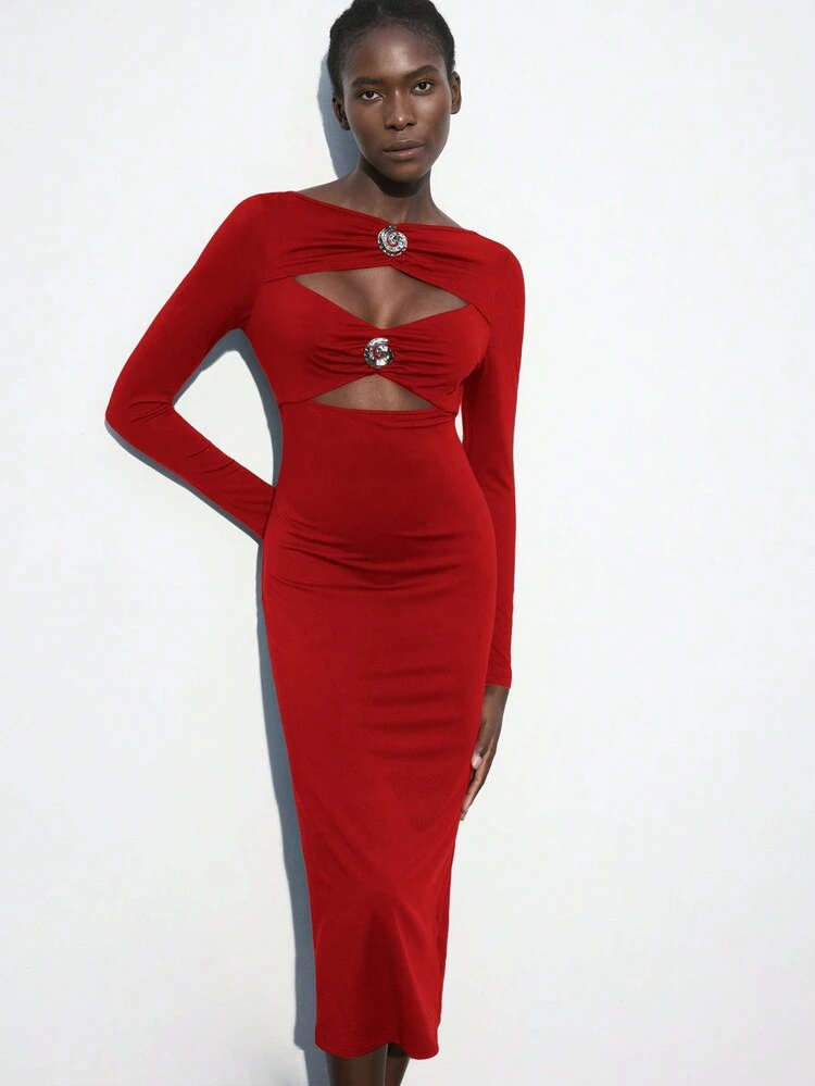 SHEIN Maija Women's Solid Color Round Neck Long Sleeve Ruched Cutout Slim Fit Mid-Length Dress