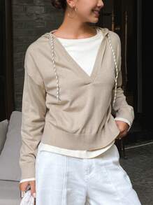 DAZY Áo khoác cardigan tay dài rộng rãi có mũ trùm đầu, dây rút dành cho nữ, quần áo mùa thu - Màu Khaki - Xem 5