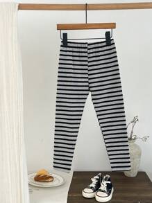 DAZY Young Girl Striped Knit Leggings, Spring/Summer Base Layer Pants Tights - Grey - View 1
