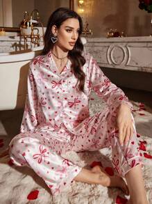 LuxeNights Bow & Heart Print Faux Silk Lapel Long Sleeve Pajama Set